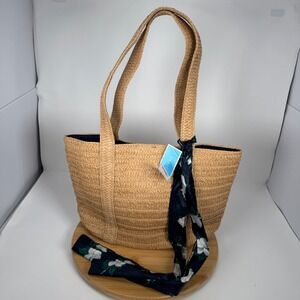 Draper James NWT Everyday Straw Tote‎ Bag Floral Scarf Accent